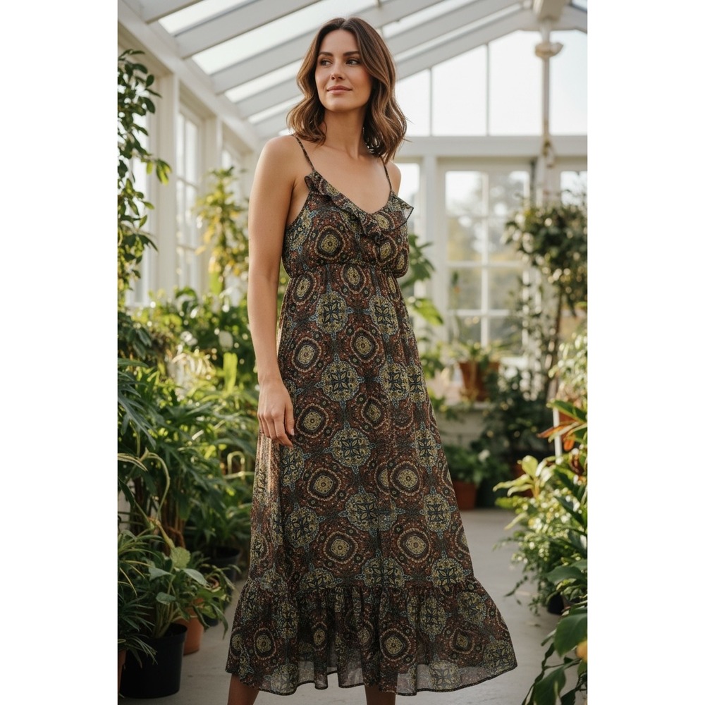 Eyelash Couture Womens Medallion Print Maxi Dress Brown Boho Cottagecore Hippie